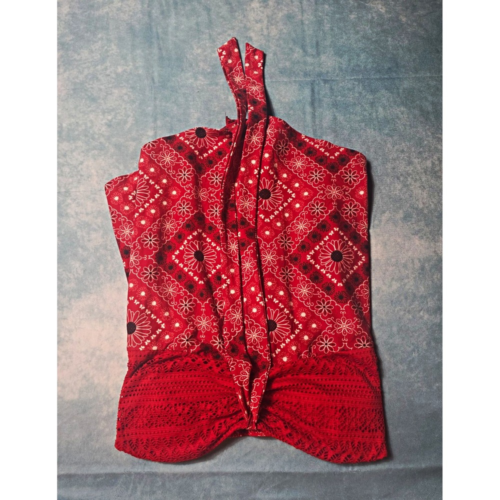 No Boundaries L Regular Strapless Smocked Red Floral Boho Romper Cotton